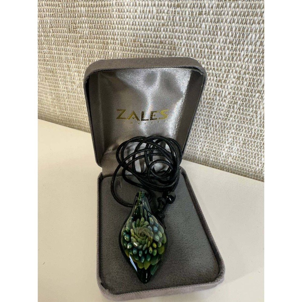 Zales Artisan Glass Implosion Floral Pendant Necklace Green Teal‎ 056 (8)